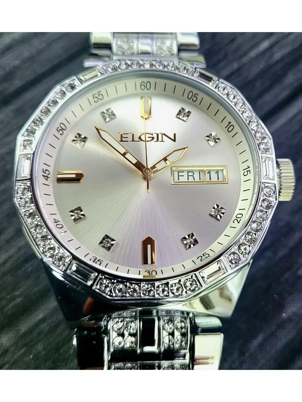 Rare‎ Elgin Mens Paved Diamond Bezel Watch Authorized Dealer